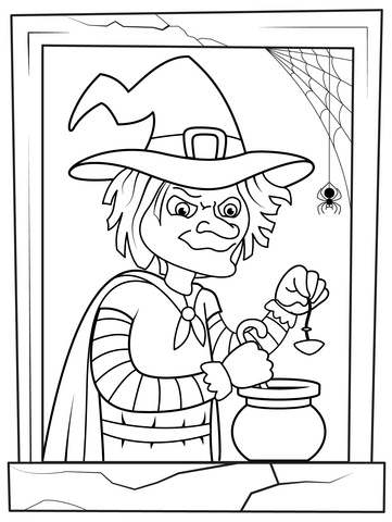 Halloween Witch Making Potion At The Window Coloring Page